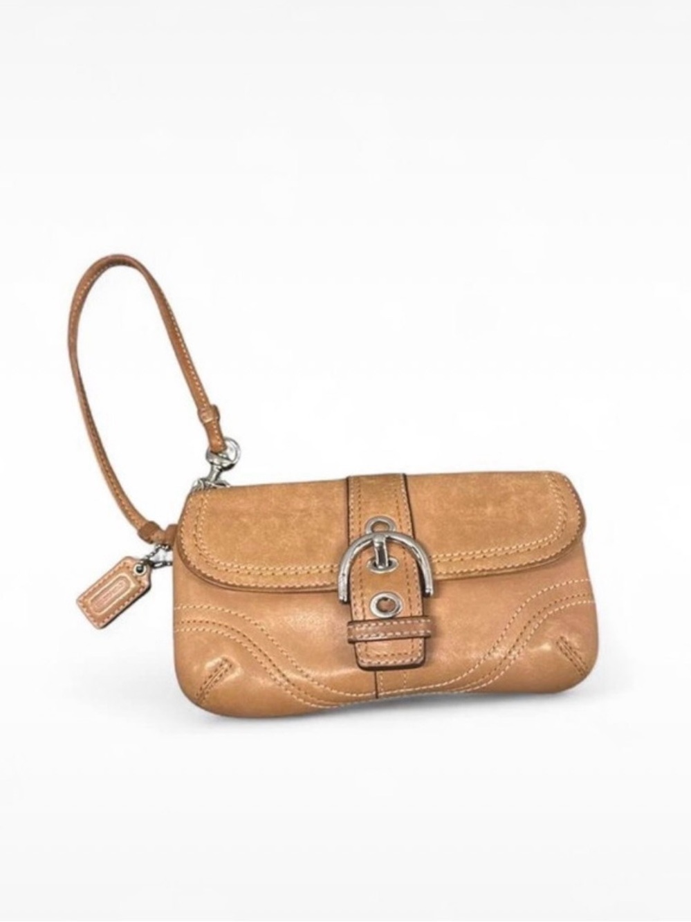 Coach Tan Leather Wristlet Clutch with Buckle Accent